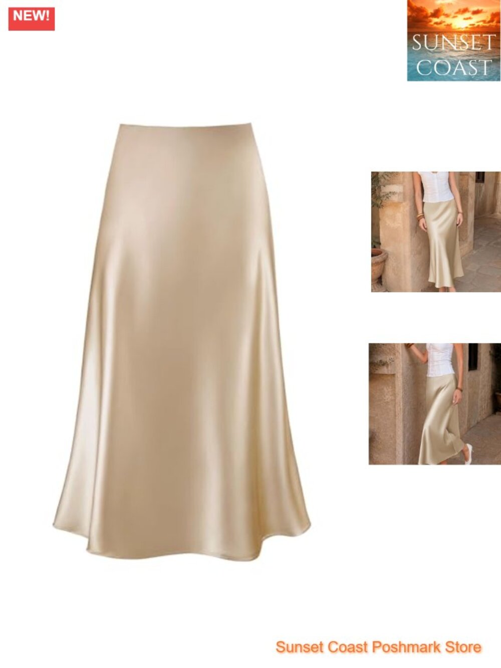 Women's Satin Midi Skirt High Waisted A Line White Silk Long Skirts